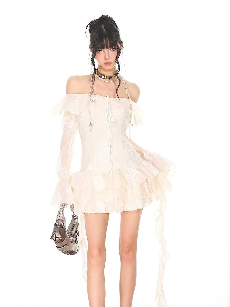Off-Shoulder Tiered Ruffle Mesh Long Sleeve Mini Dress
