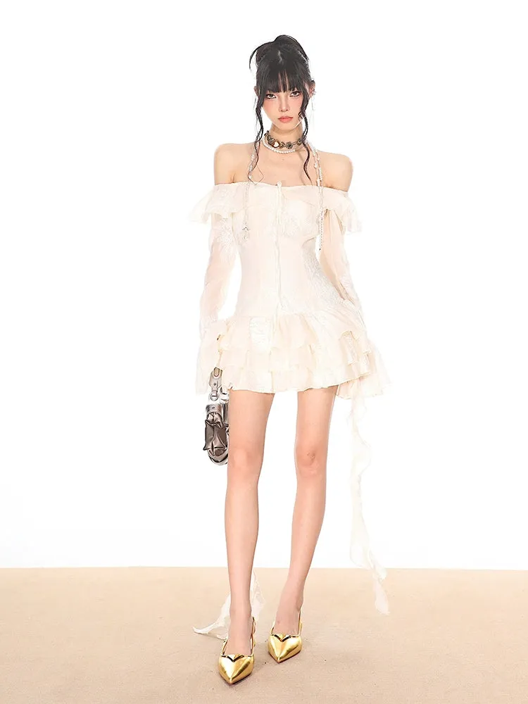 Off-Shoulder Tiered Ruffle Mesh Long Sleeve Mini Dress