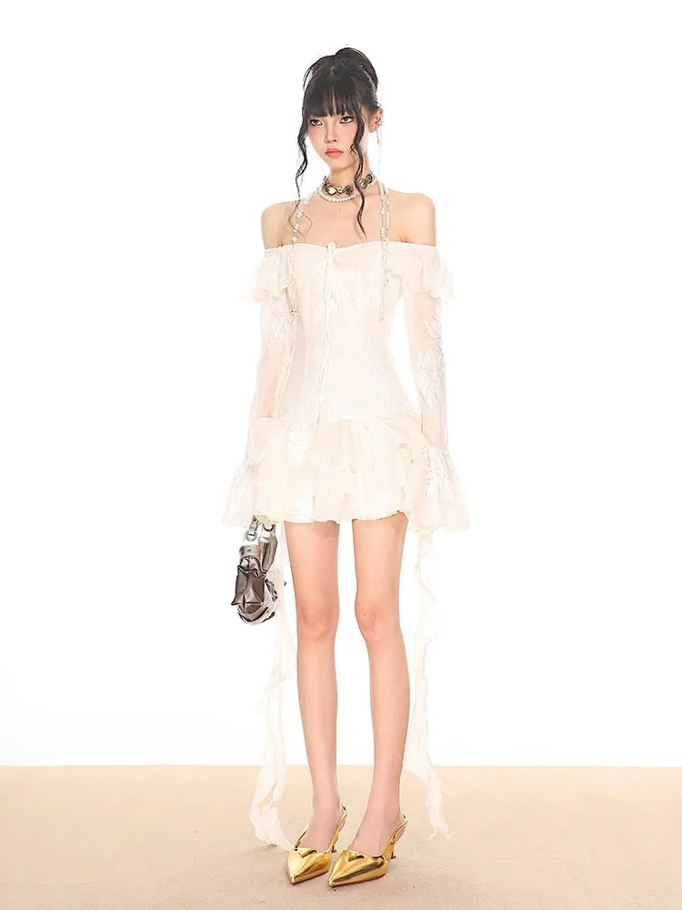 Off-Shoulder Tiered Ruffle Mesh Long Sleeve Mini Dress