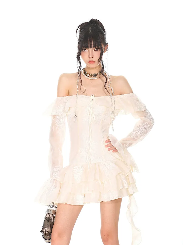 Off-Shoulder Tiered Ruffle Mesh Long Sleeve Mini Dress