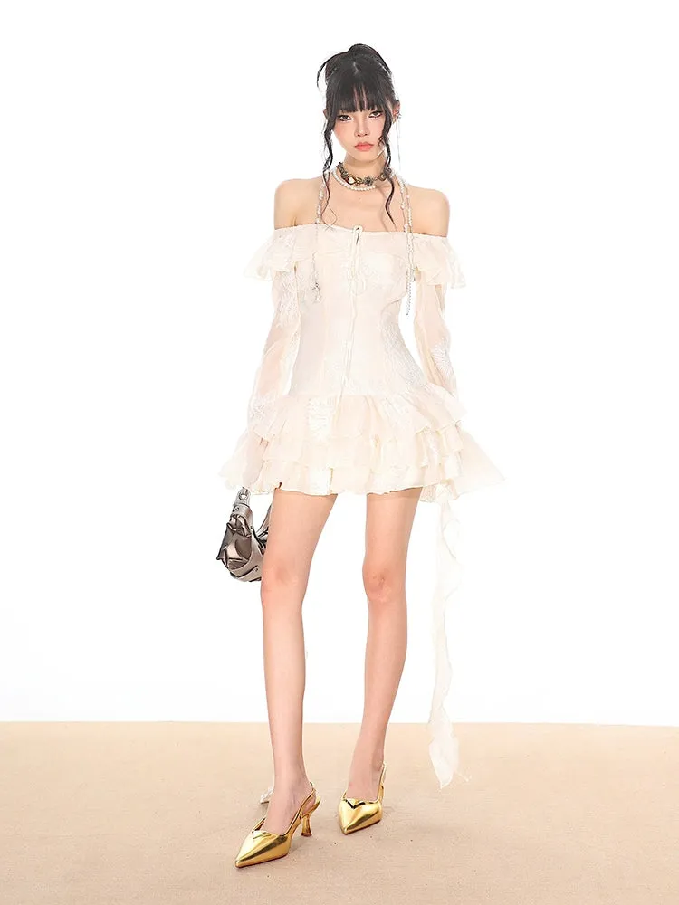 Off-Shoulder Tiered Ruffle Mesh Long Sleeve Mini Dress