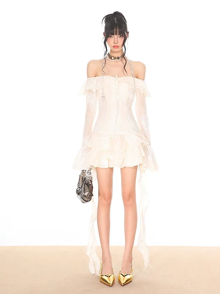 Off-Shoulder Tiered Ruffle Mesh Long Sleeve Mini Dress