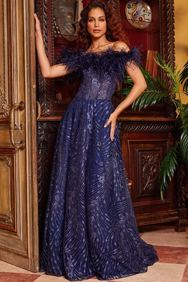 Off the Shoulder Feather Embellishment Evening Gown by Jovani 23884