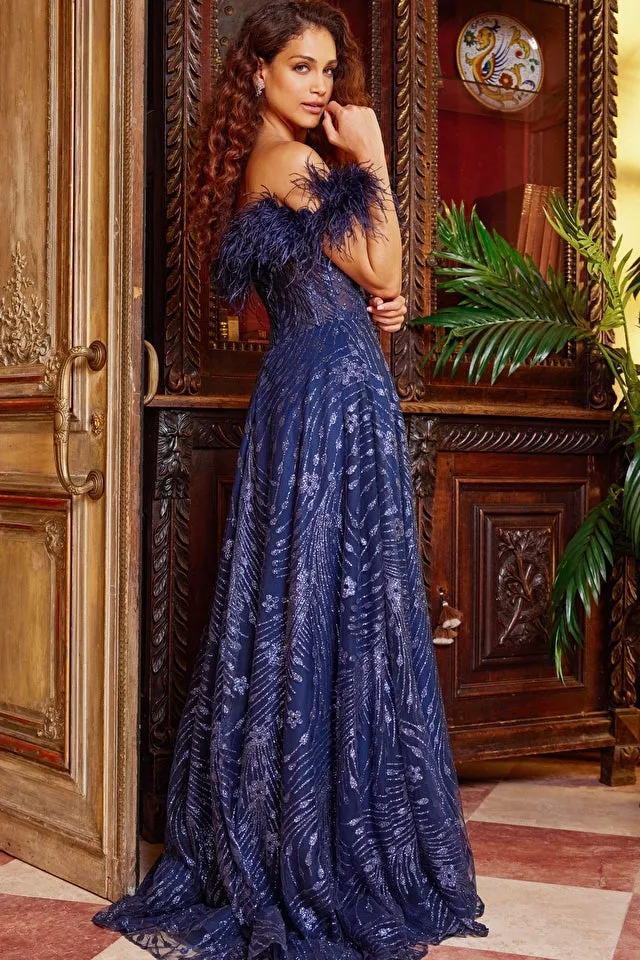 Off the Shoulder Feather Embellishment Evening Gown by Jovani 23884