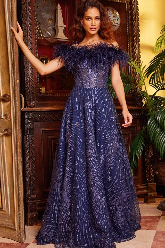 Off the Shoulder Feather Embellishment Evening Gown by Jovani 23884