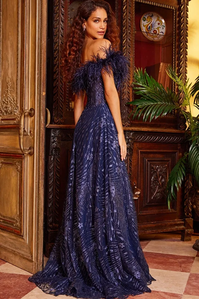 Off the Shoulder Feather Embellishment Evening Gown by Jovani 23884