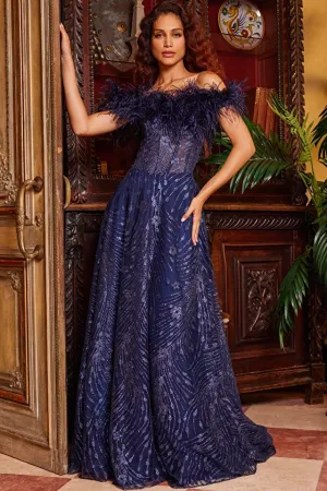 Off the Shoulder Feather Embellishment Evening Gown by Jovani 23884