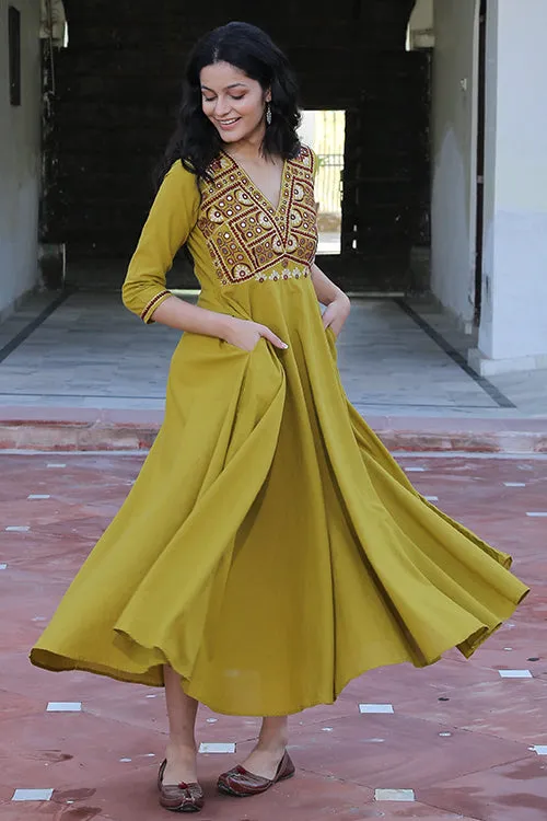 Okhai 'Apricity' Pure Cotton Hand Embroidered Mirror Work Dress