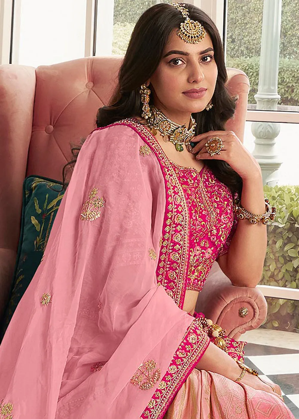 Ombre Coral Pink Heavy Embroidered Silk Bridal Lehenga Choli