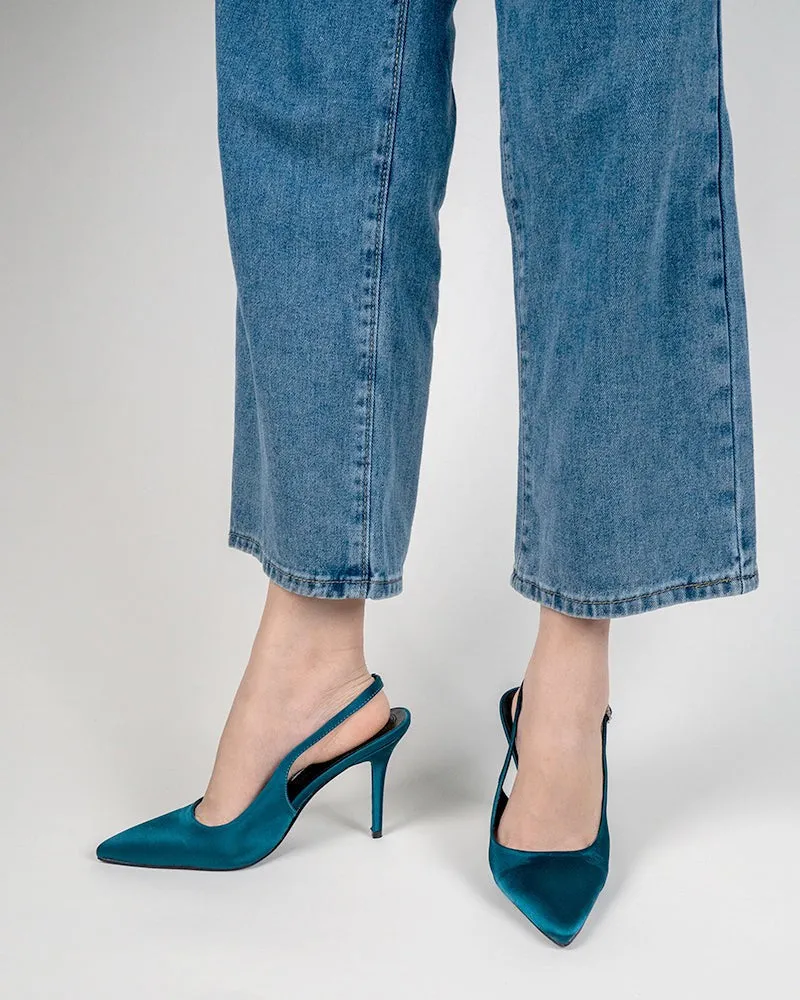 One-word Buckle Pointed Toe Satin Stiletto Heeled Sandals