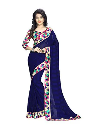Oomph! Women's Chiffon Sarees Party Wear/Fancy Chiffon Sarees/Printed Chiffon Sarees - Berry Blue