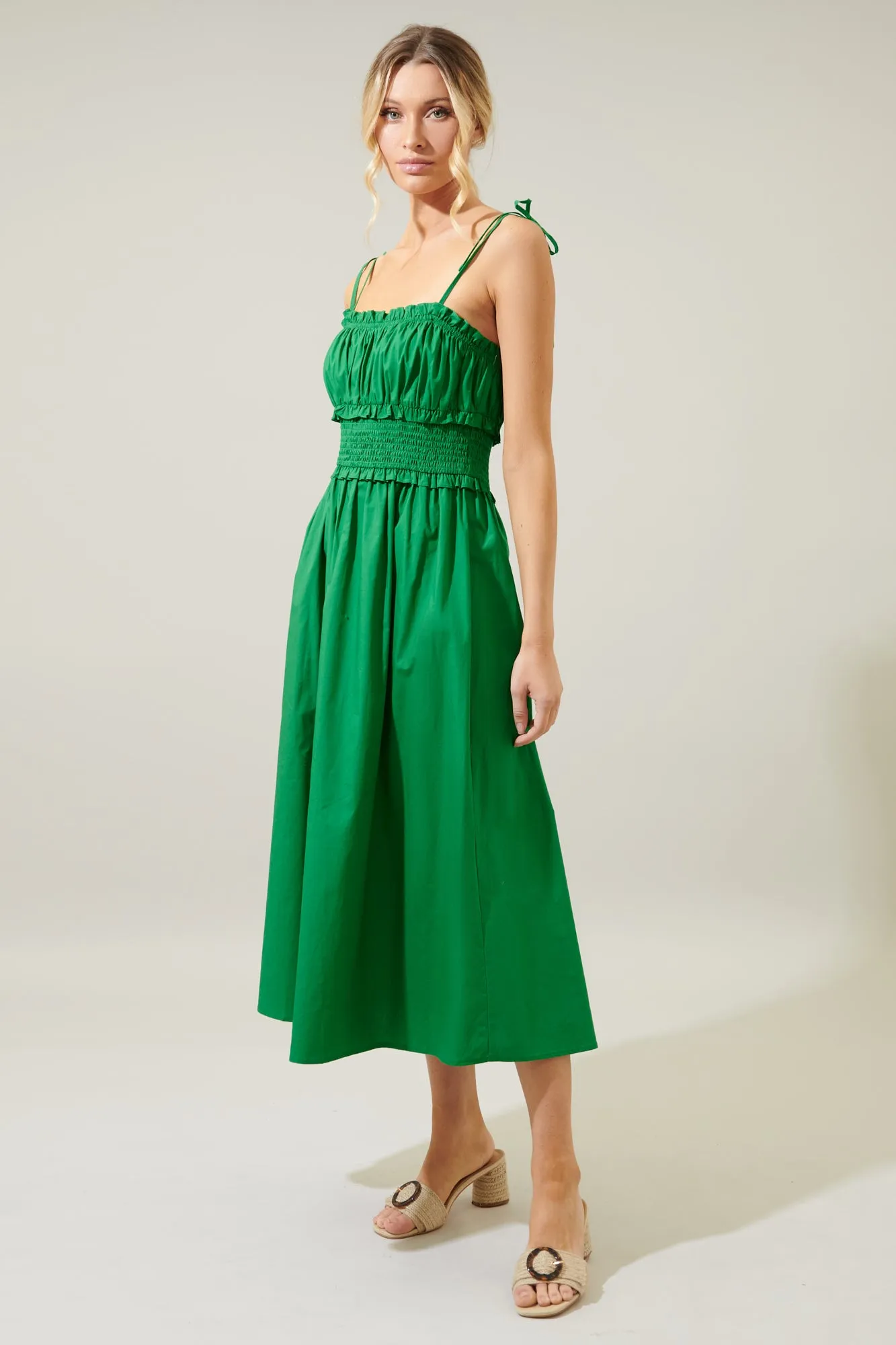 Orion Smocked Waist Tie Strap Poplin Midi Dress