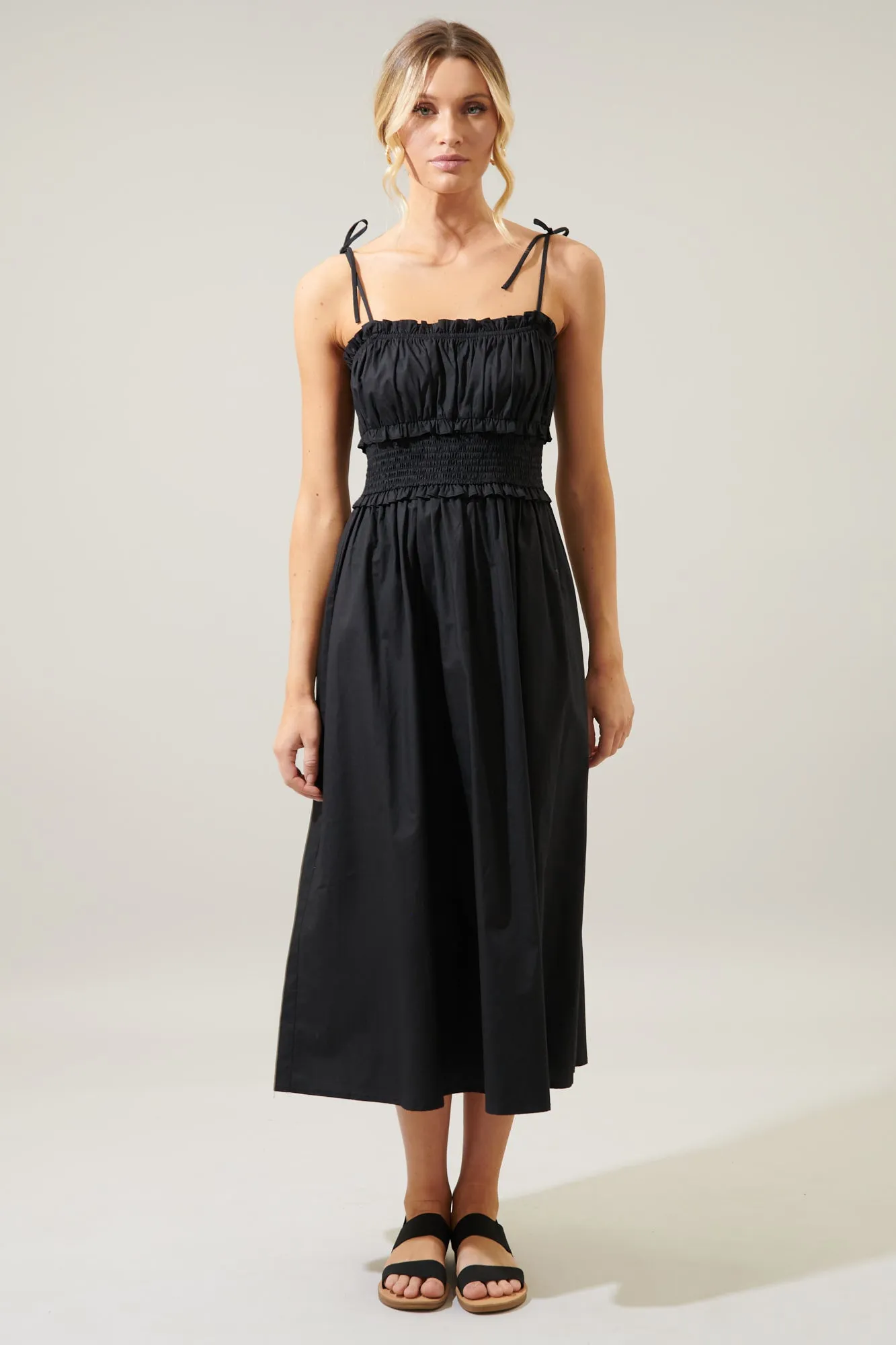 Orion Smocked Waist Tie Strap Poplin Midi Dress