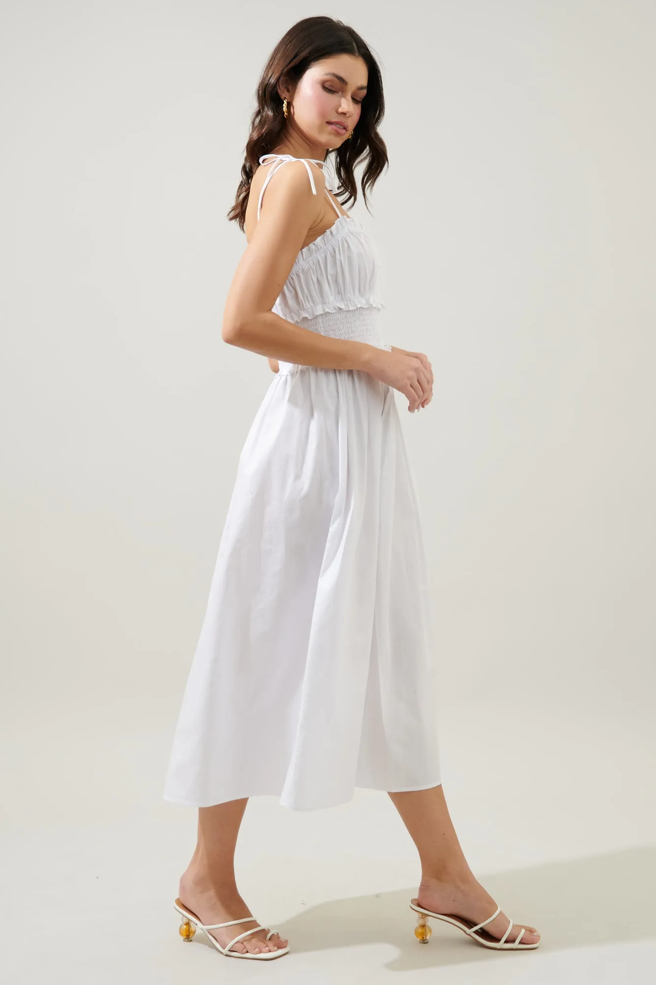 Orion Smocked Waist Tie Strap Poplin Midi Dress