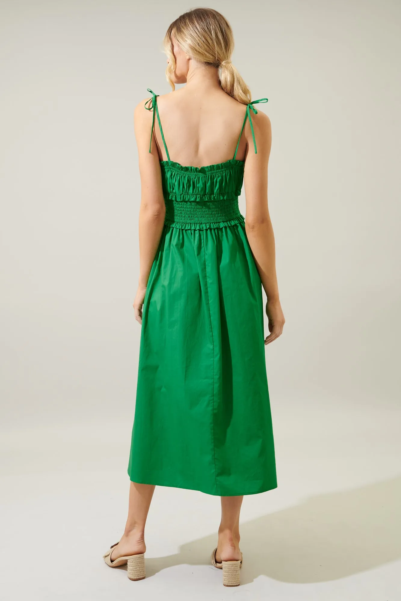 Orion Smocked Waist Tie Strap Poplin Midi Dress