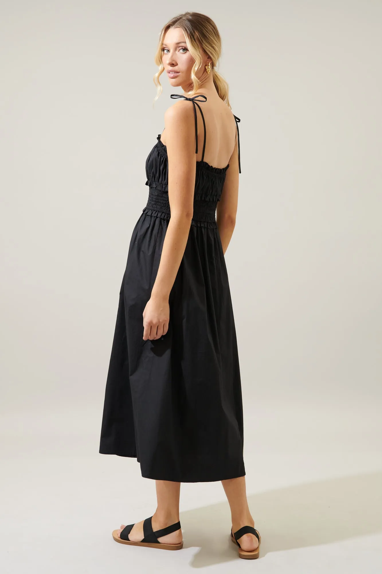 Orion Smocked Waist Tie Strap Poplin Midi Dress