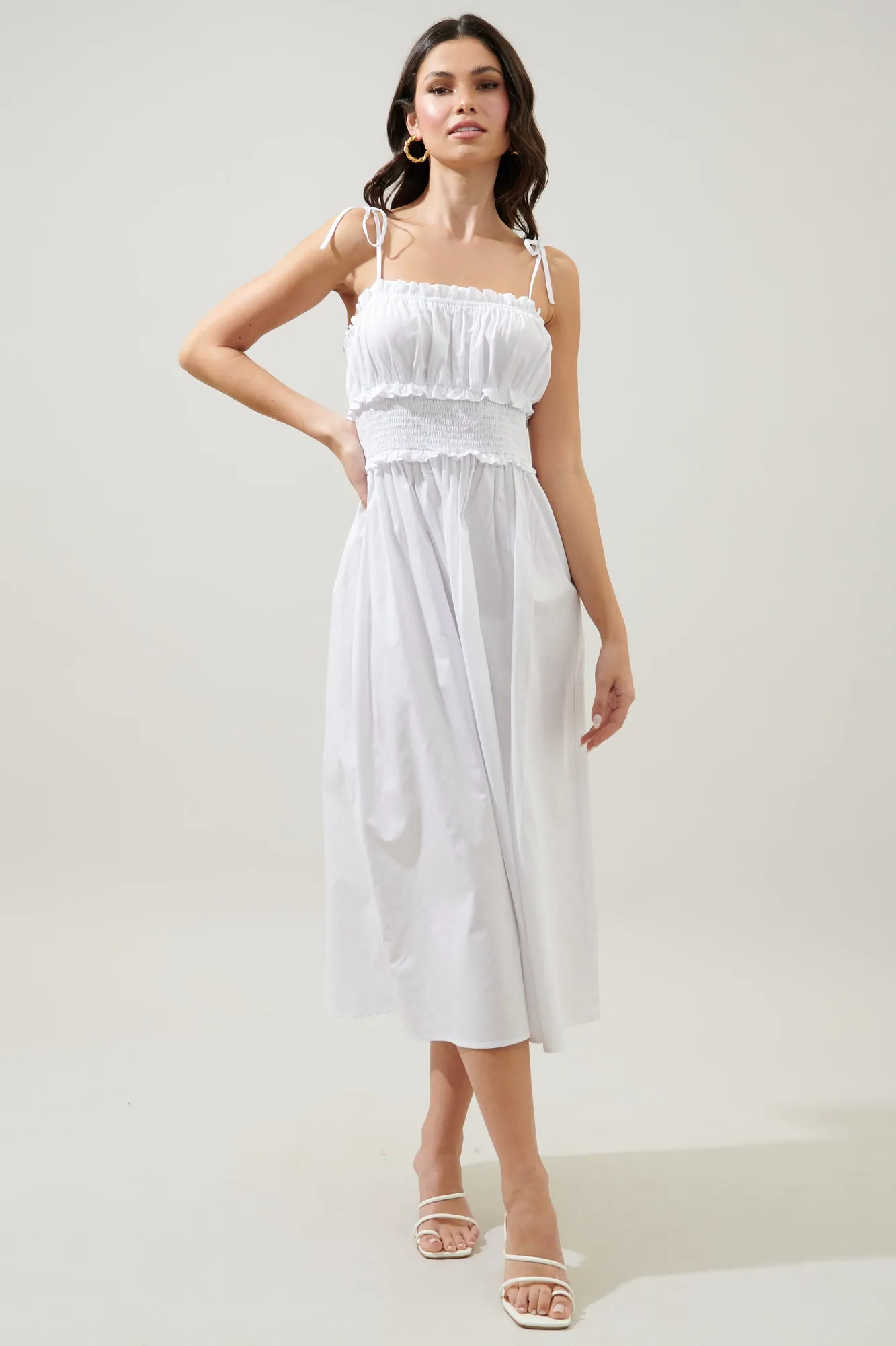 Orion Smocked Waist Tie Strap Poplin Midi Dress