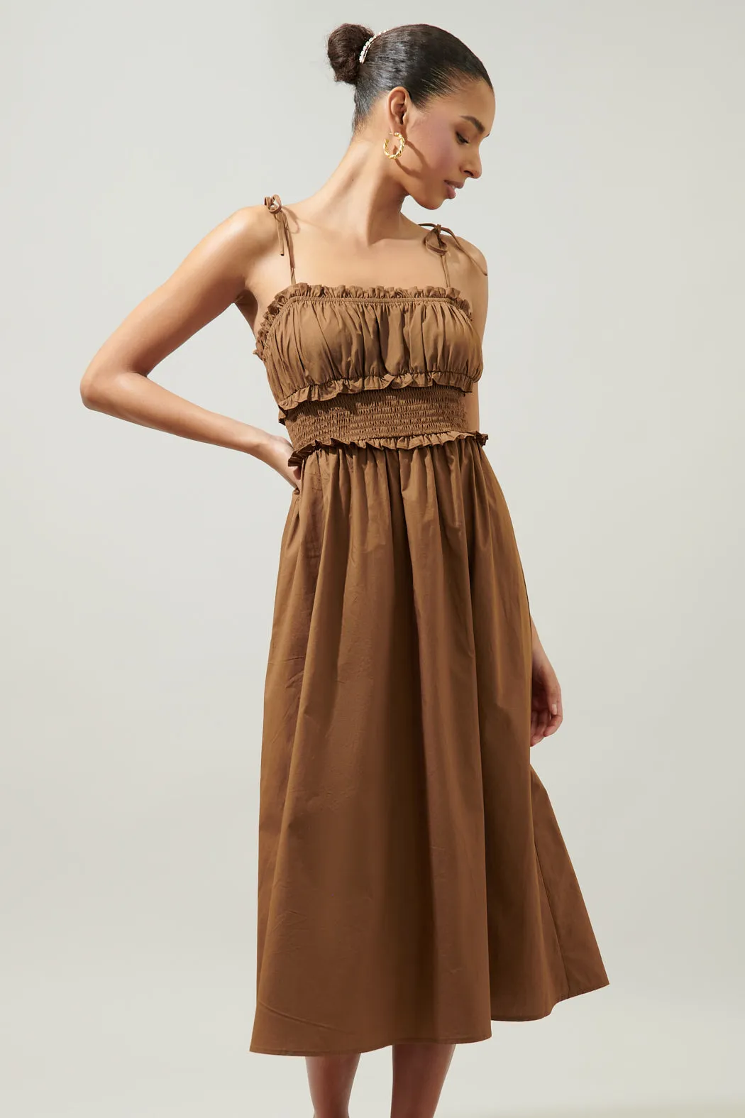 Orion Smocked Waist Tie Strap Poplin Midi Dress