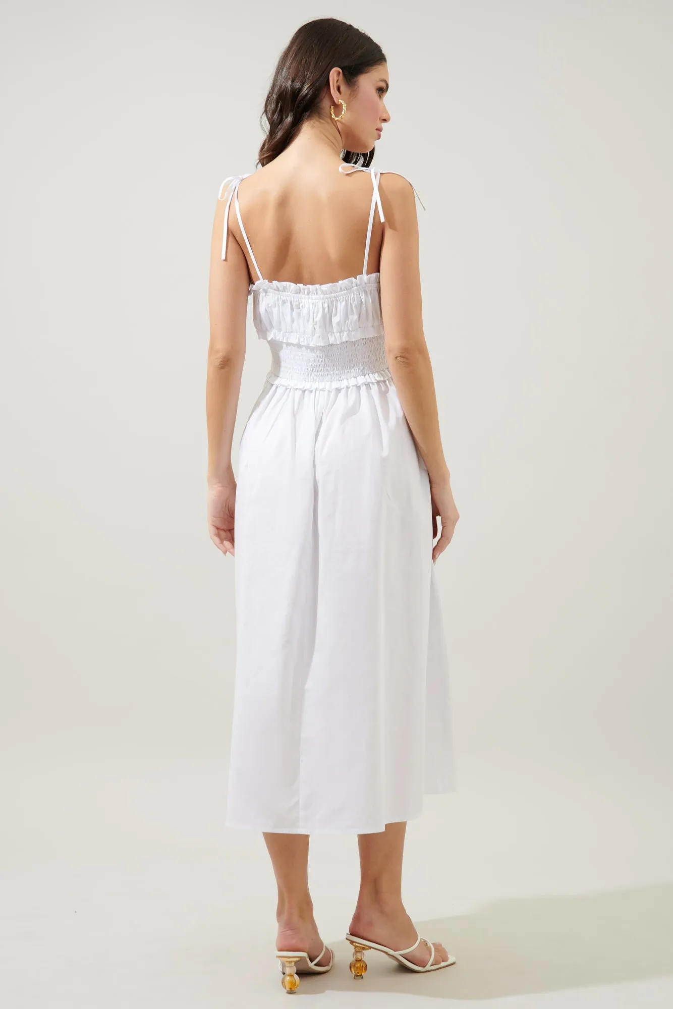 Orion Smocked Waist Tie Strap Poplin Midi Dress