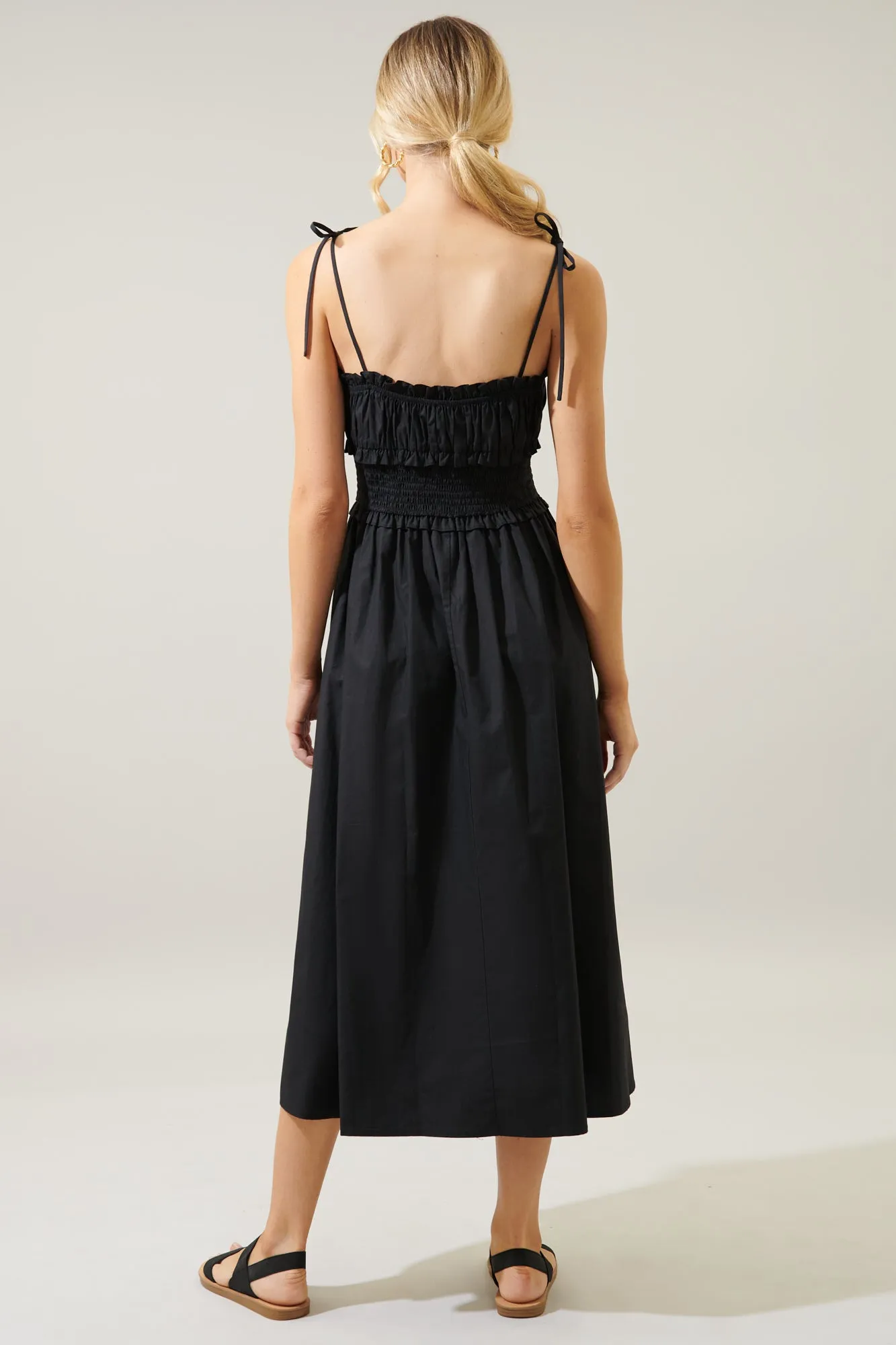 Orion Smocked Waist Tie Strap Poplin Midi Dress