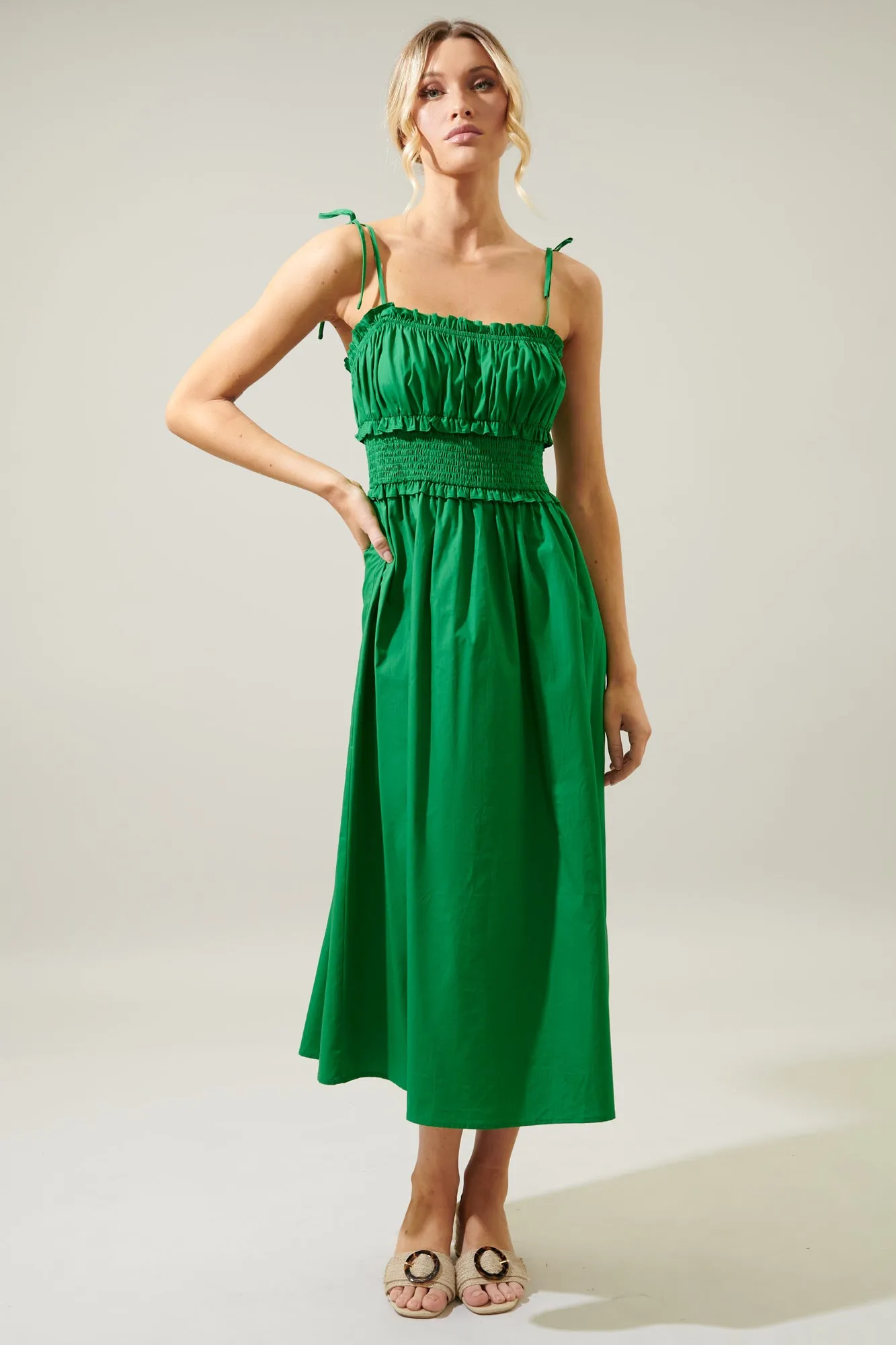 Orion Smocked Waist Tie Strap Poplin Midi Dress