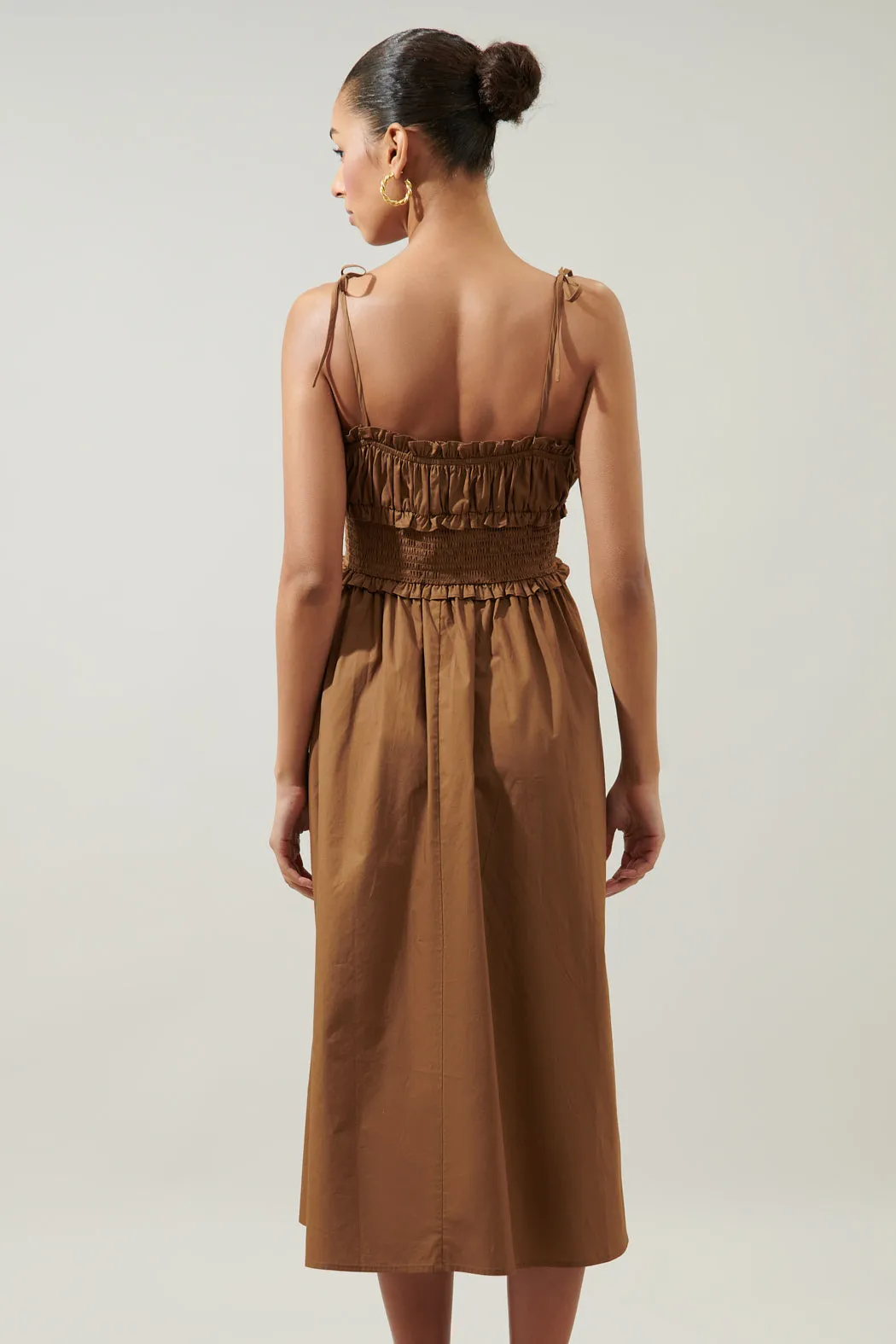 Orion Smocked Waist Tie Strap Poplin Midi Dress