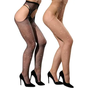 Pack Of 2 Women's Sparkle Rhinestone Fishnets Sexy Tights High Waist Stockings