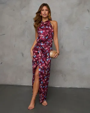 Paritza Floral Halter Neck Satin Maxi Dress