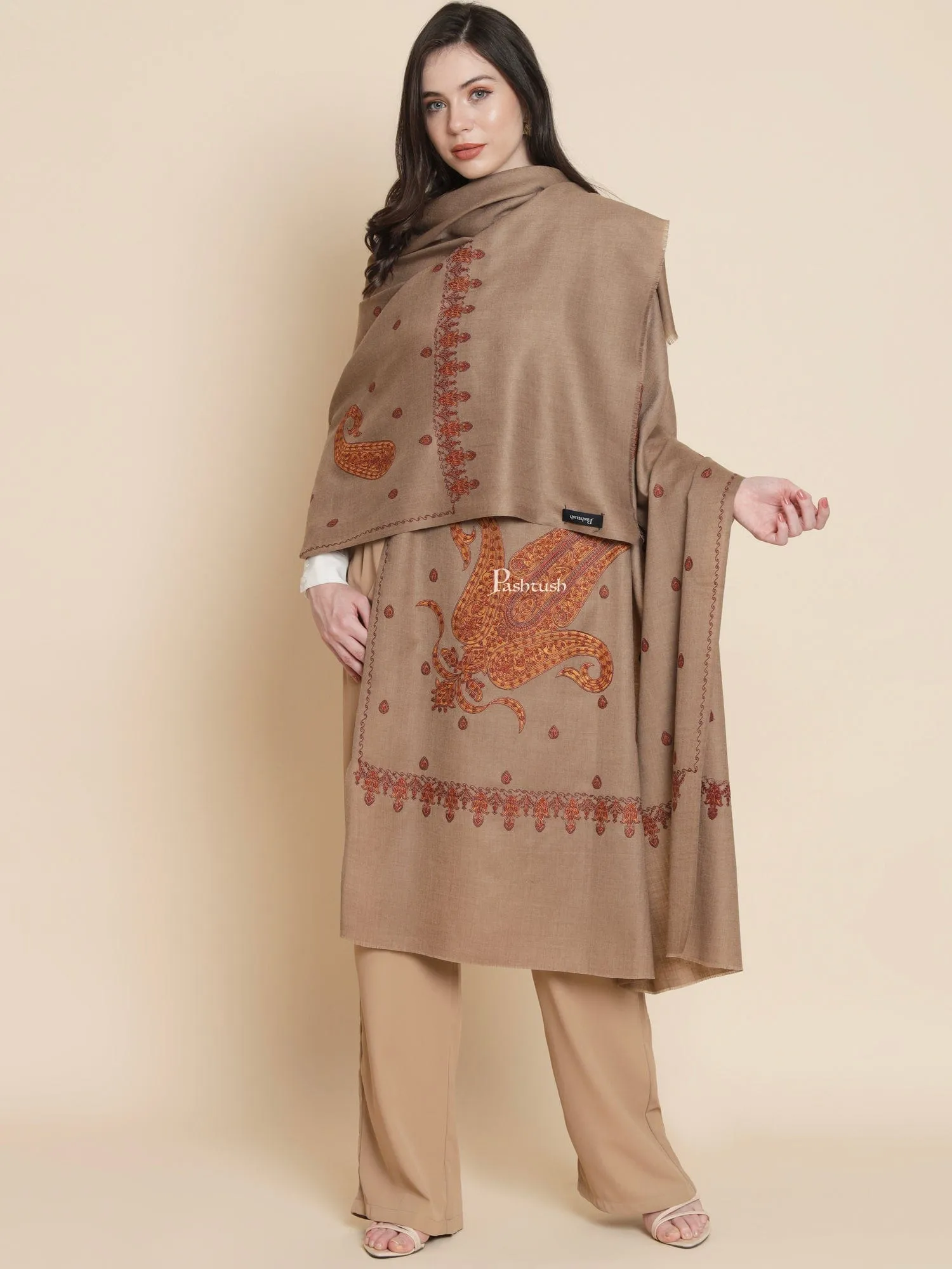 Pashtush Womens, Fine Wool, Paisley Kashmiri Kunj Embroidery, Taupe