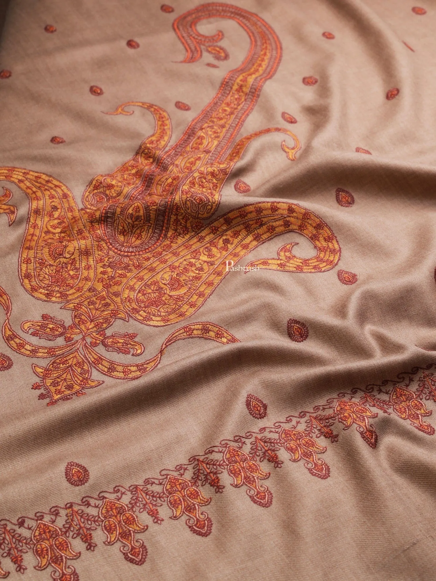 Pashtush Womens, Fine Wool, Paisley Kashmiri Kunj Embroidery, Taupe
