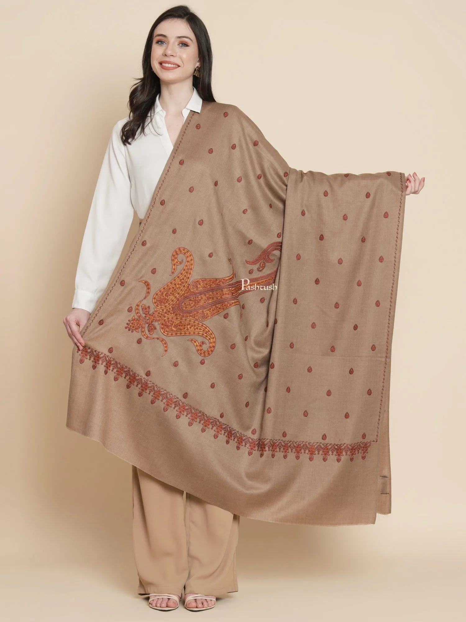 Pashtush Womens, Fine Wool, Paisley Kashmiri Kunj Embroidery, Taupe