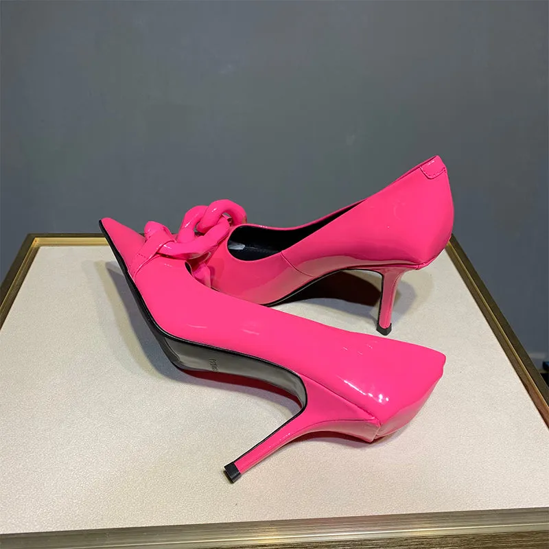 Patent Leather Candy Color Pointed Chain Temperament All-match High Heels | Brodtica.com