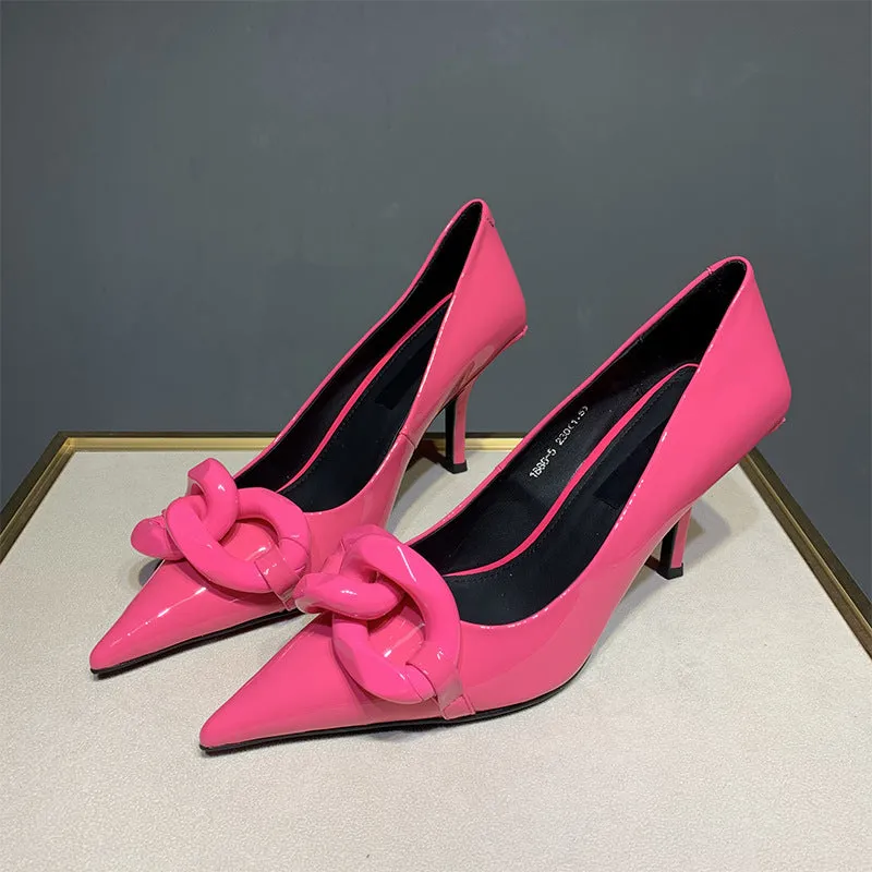 Patent Leather Candy Color Pointed Chain Temperament All-match High Heels | Brodtica.com