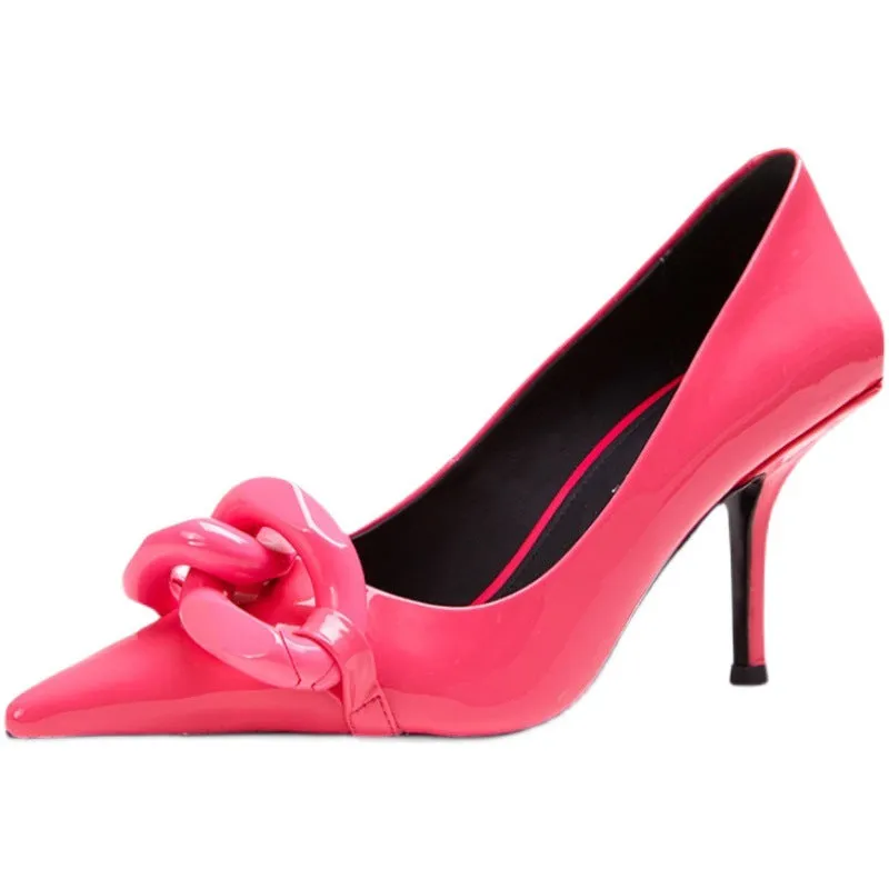 Patent Leather Candy Color Pointed Chain Temperament All-match High Heels | Brodtica.com