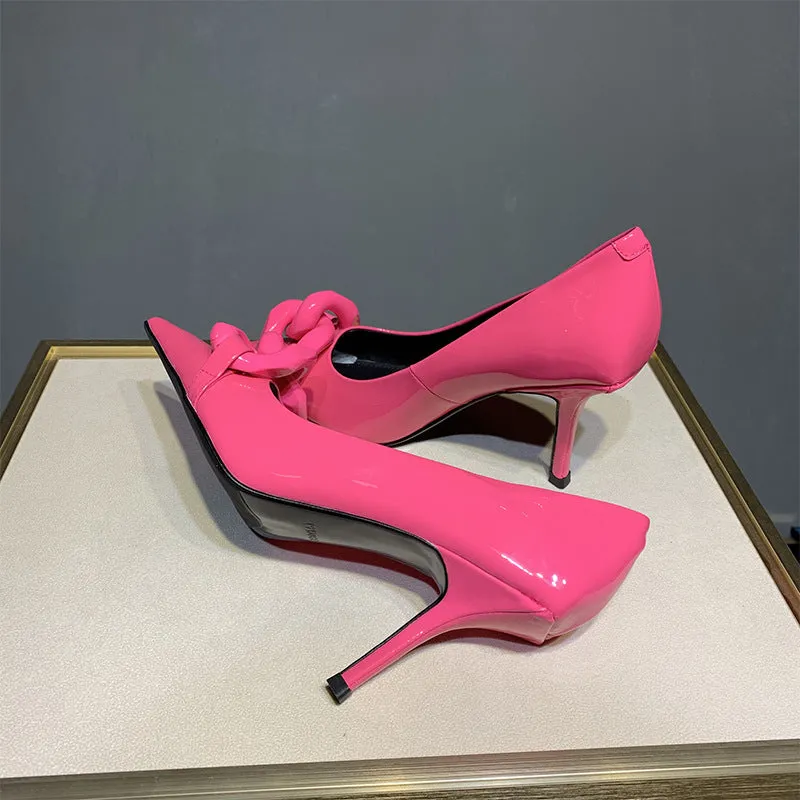 Patent Leather Candy Color Pointed Chain Temperament All-match High Heels | Brodtica.com