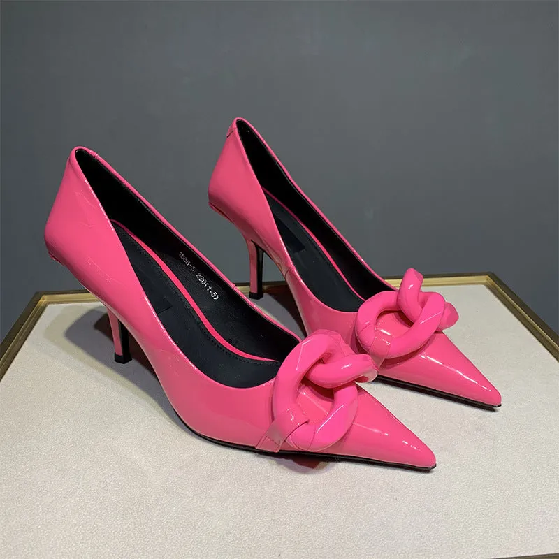 Patent Leather Candy Color Pointed Chain Temperament All-match High Heels | Brodtica.com