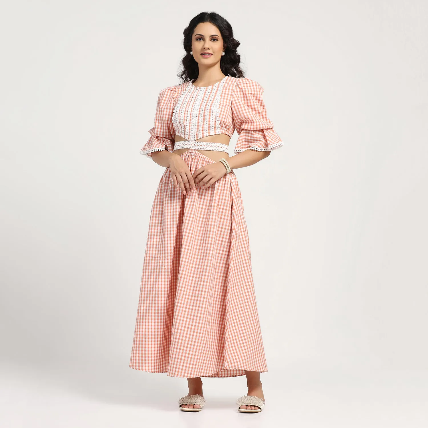 Peach Check Dress With Lace Yoke & Tie Blet