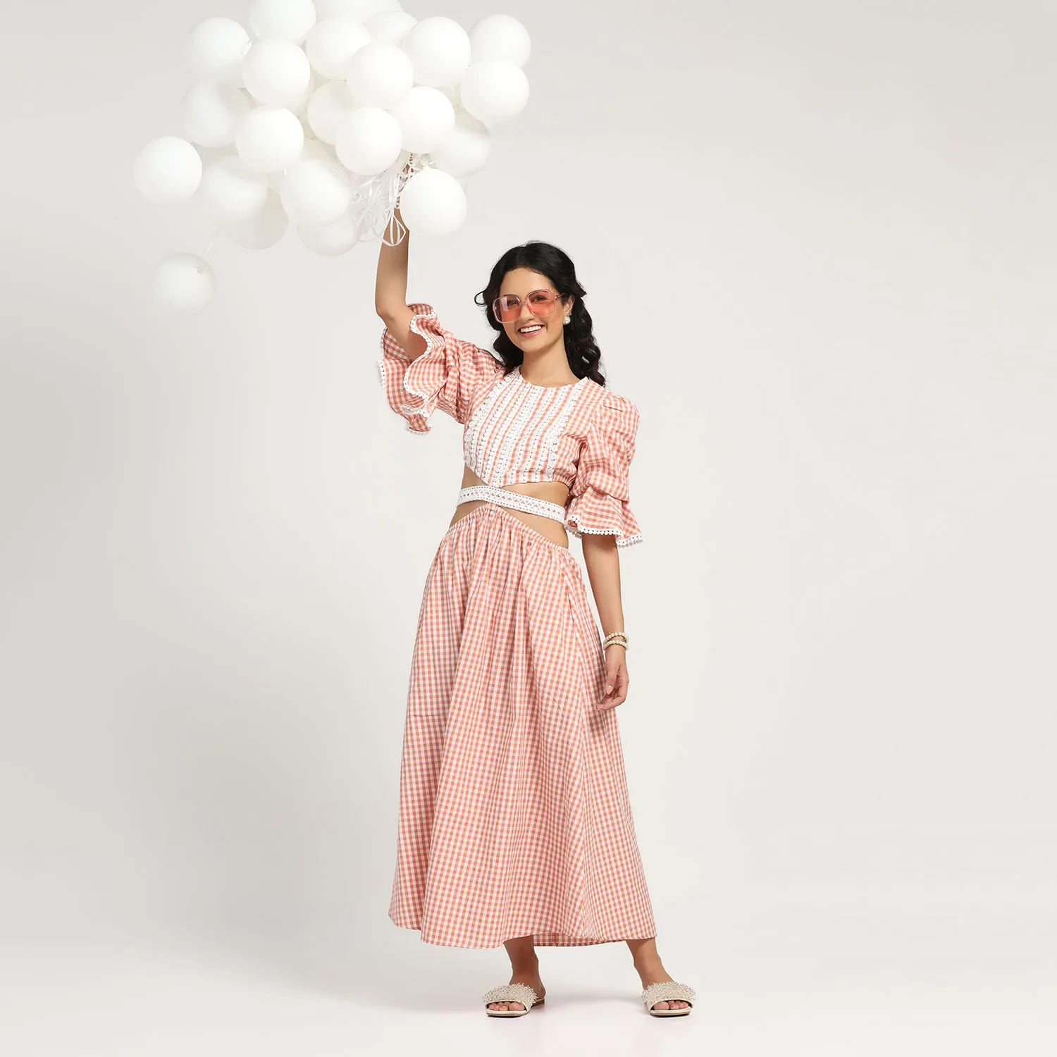 Peach Check Dress With Lace Yoke & Tie Blet