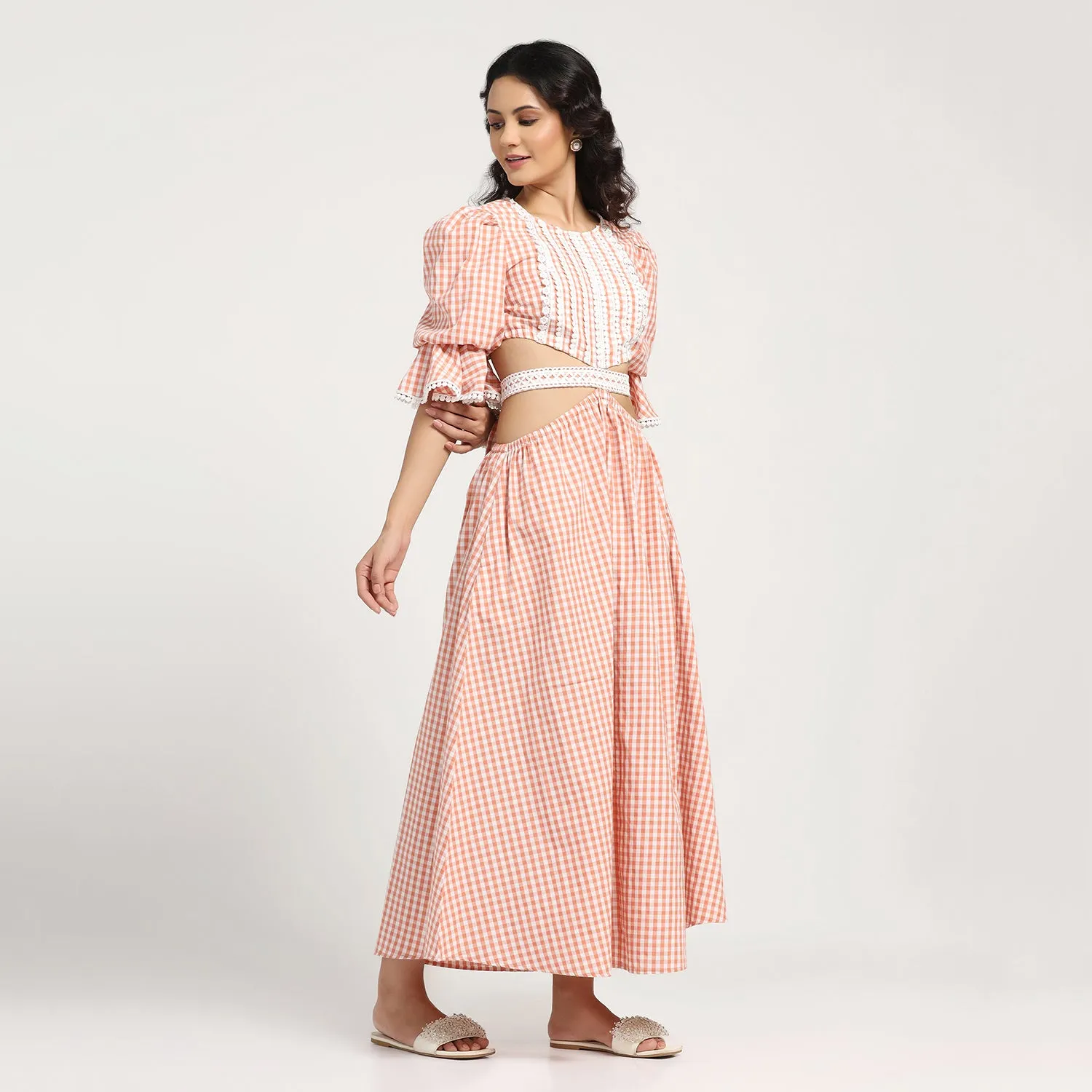 Peach Check Dress With Lace Yoke & Tie Blet