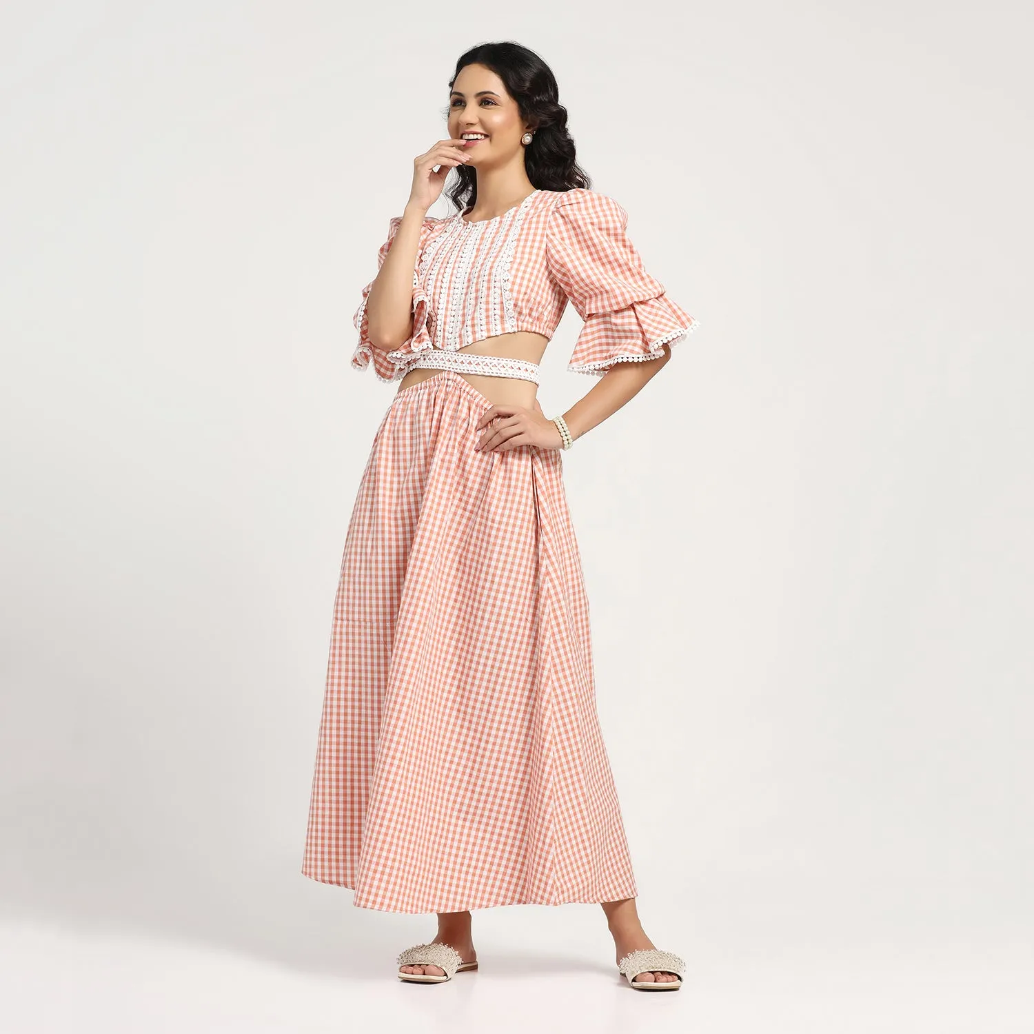 Peach Check Dress With Lace Yoke & Tie Blet