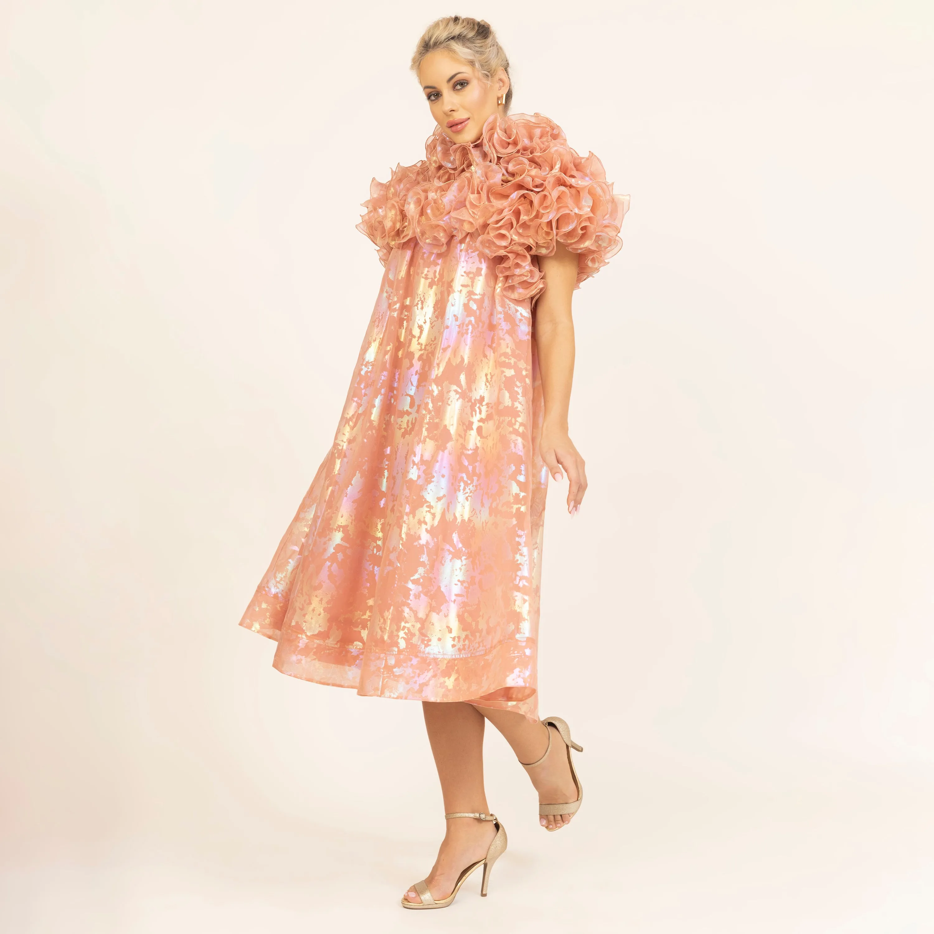 Peach Holographic Print Organza Frill Dress