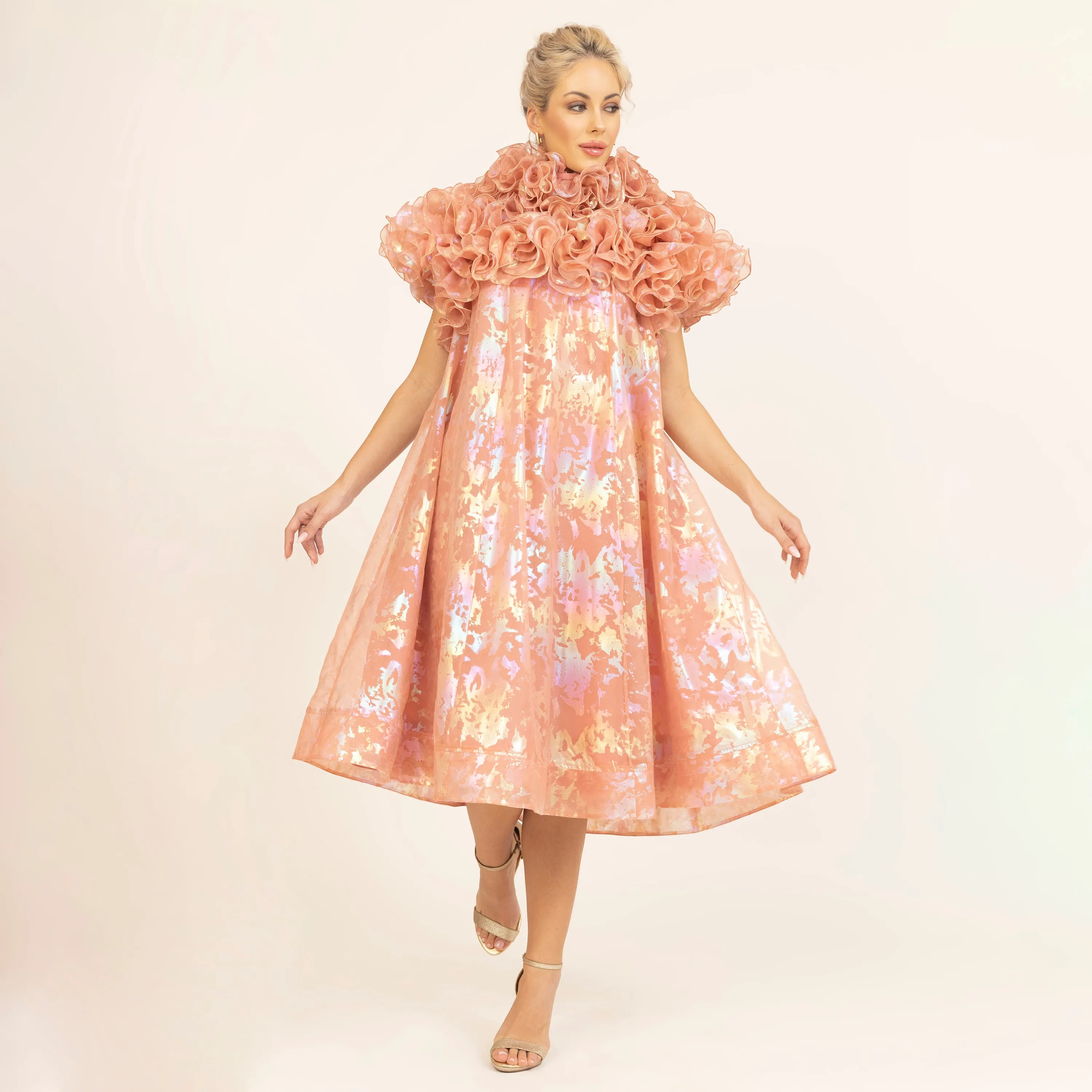 Peach Holographic Print Organza Frill Dress