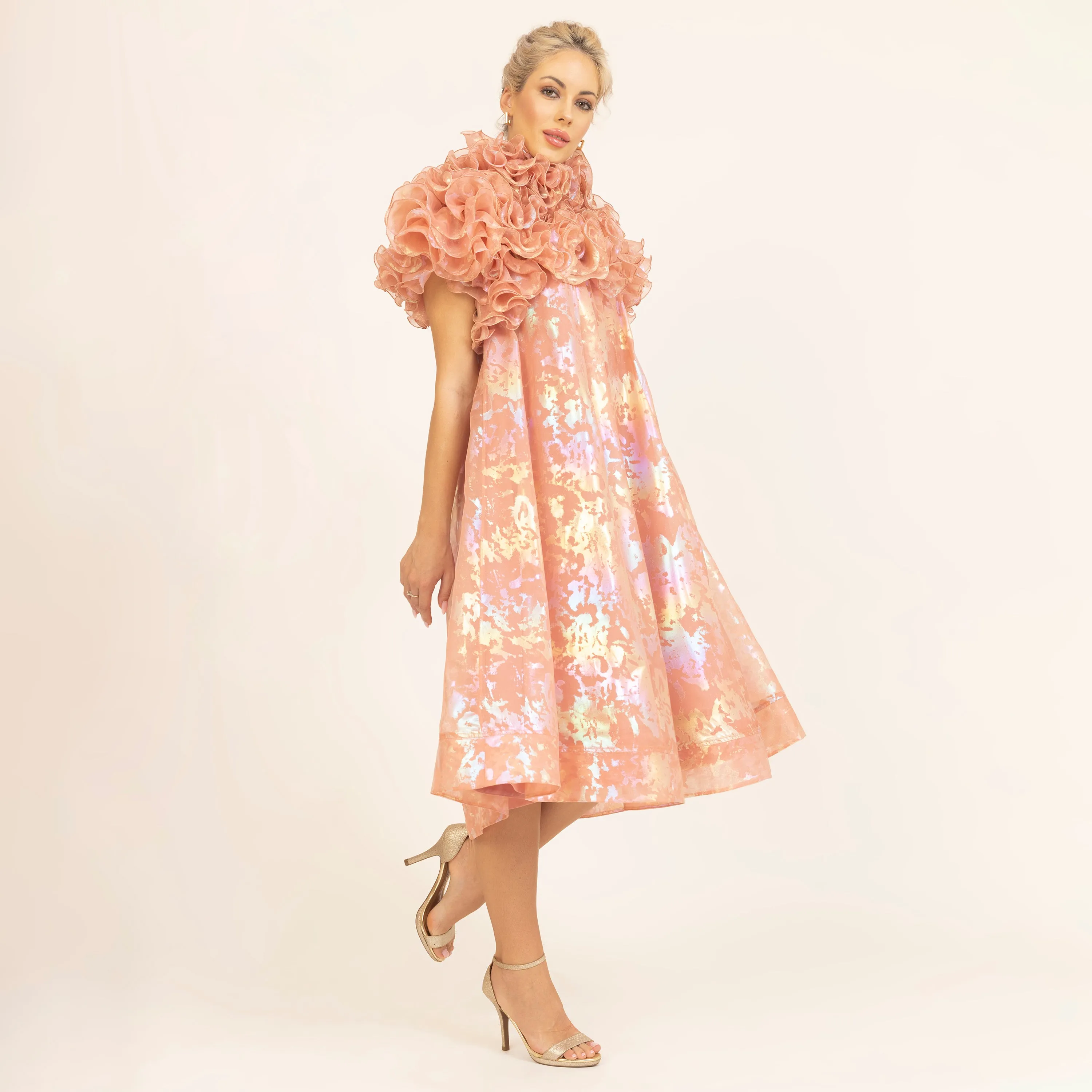 Peach Holographic Print Organza Frill Dress