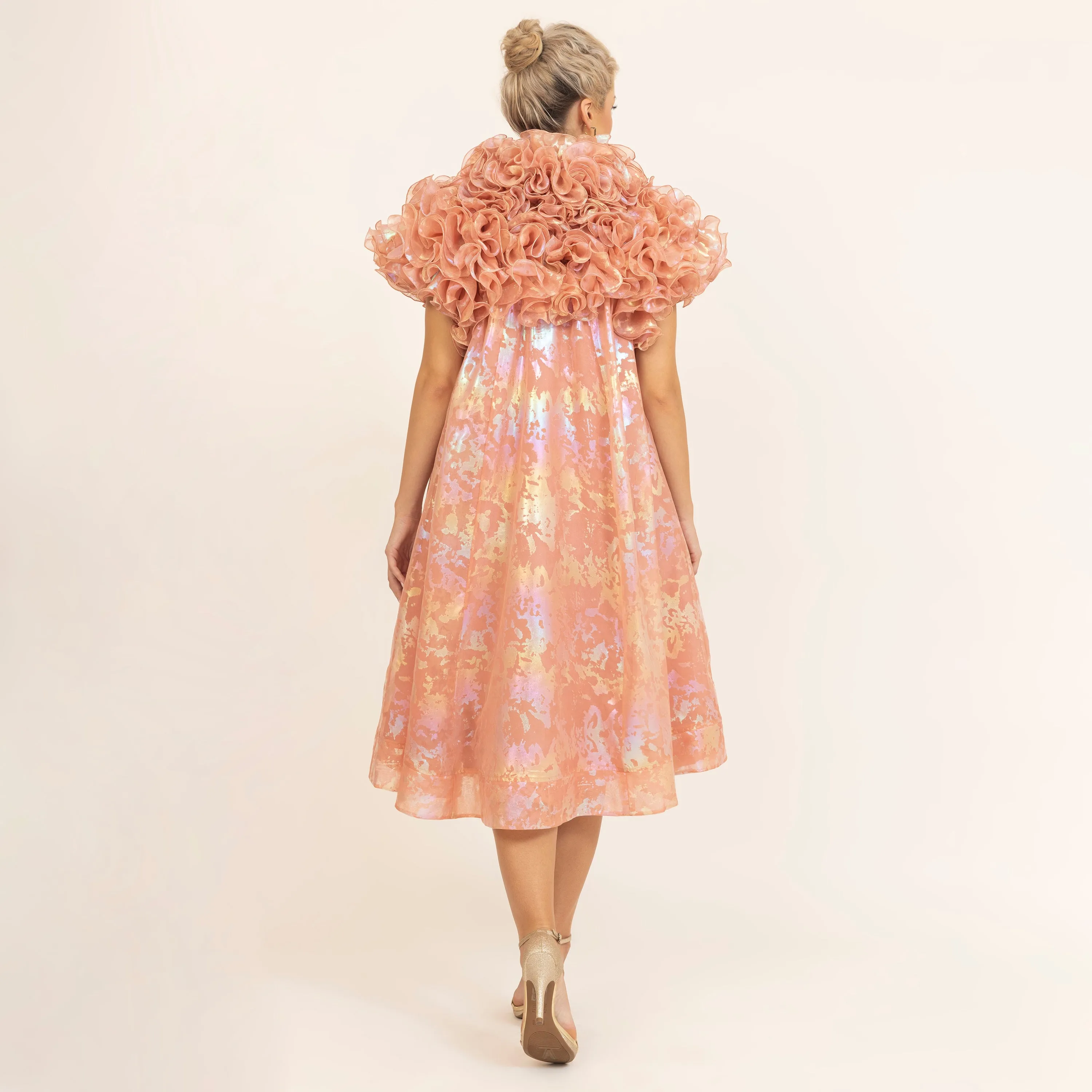 Peach Holographic Print Organza Frill Dress