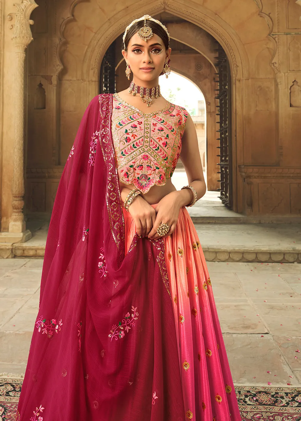 Peach to Pink Multi Color Sequins Festive Lehenga Choli
