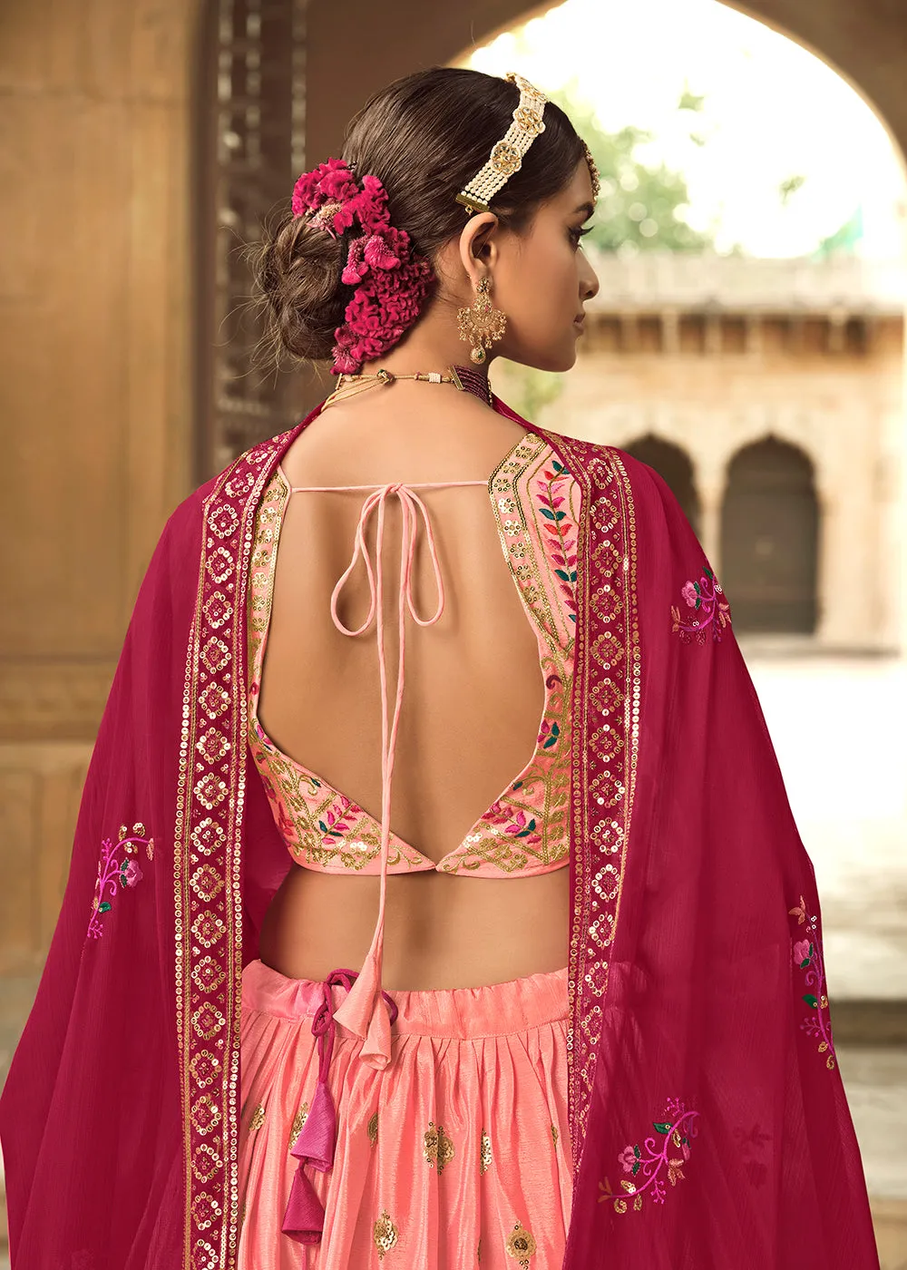 Peach to Pink Multi Color Sequins Festive Lehenga Choli