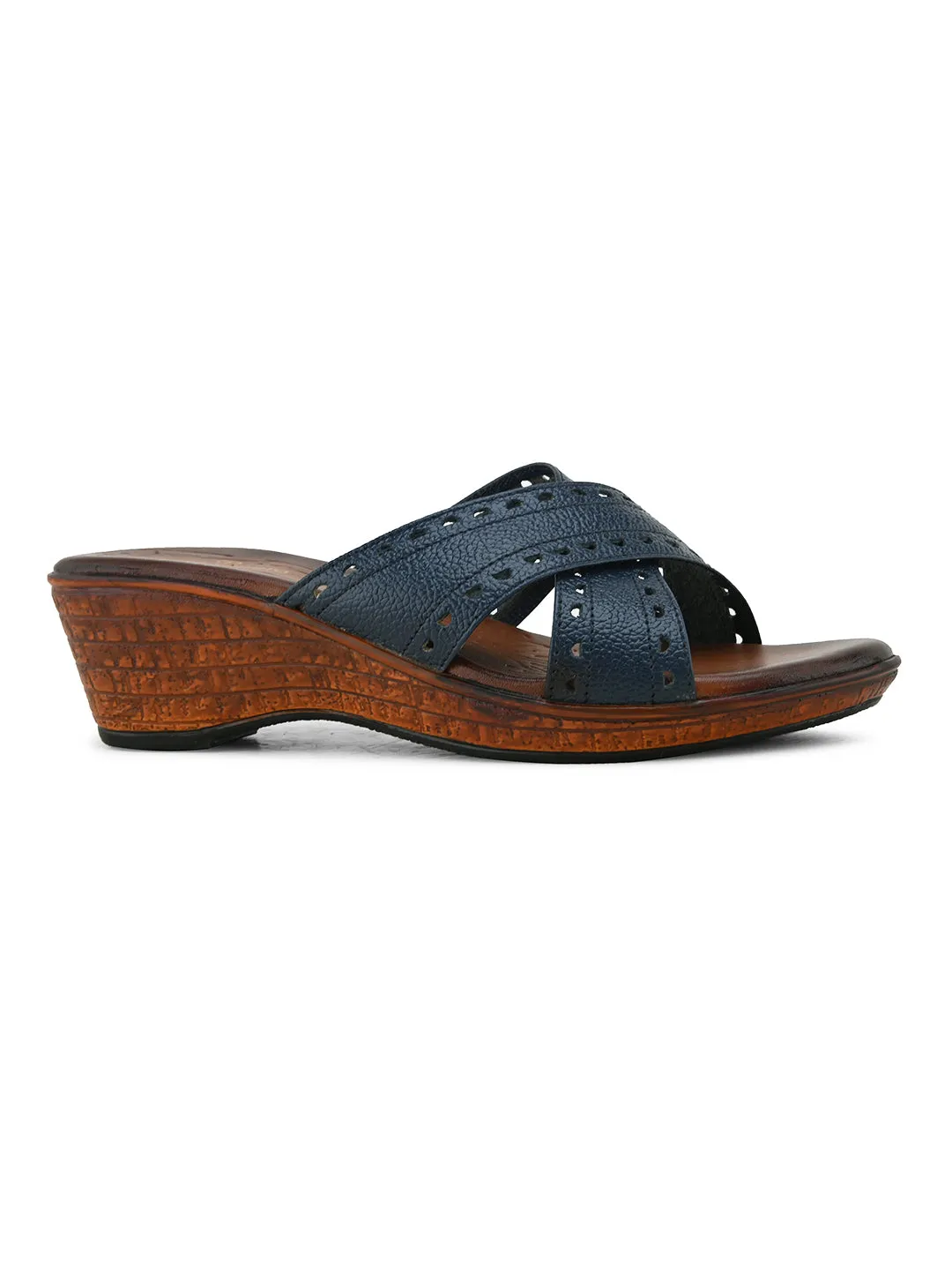 Pelle Albero Women's Blue Leather Slip-On Wedge Heel Sandals