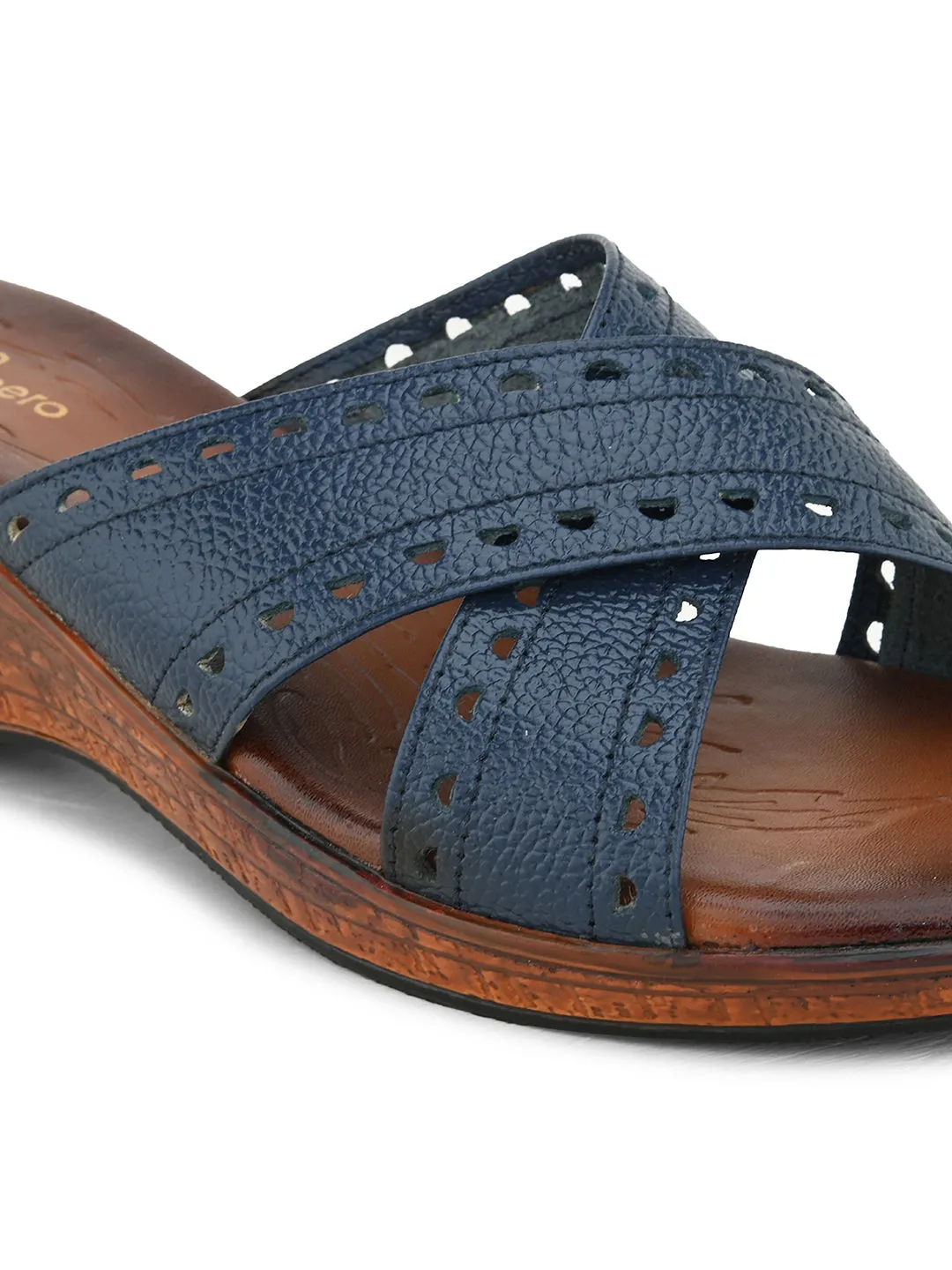 Pelle Albero Women's Blue Leather Slip-On Wedge Heel Sandals