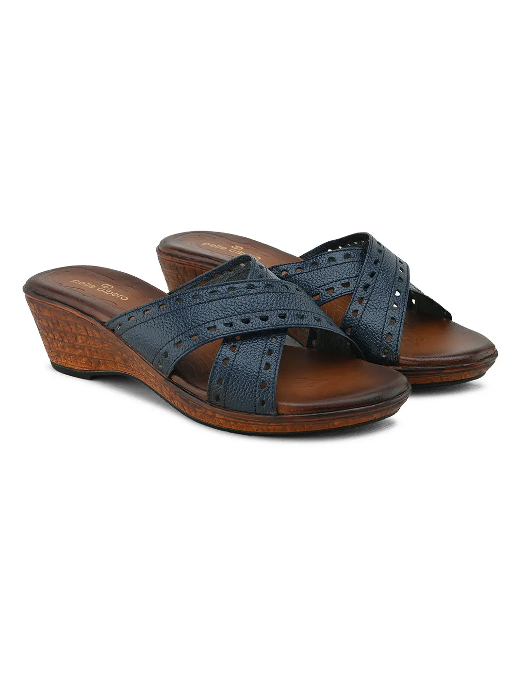 Pelle Albero Women's Blue Leather Slip-On Wedge Heel Sandals