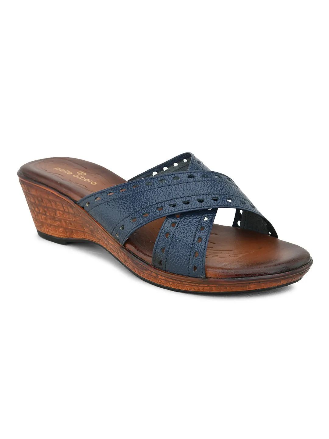 Pelle Albero Women's Blue Leather Slip-On Wedge Heel Sandals